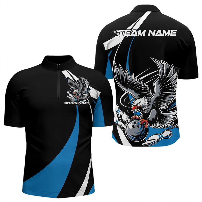 Custom Black And Blue Eagle Bowling Men Quarter-Zip Shirts, Eagle Bowling Team Jerseys IPHW8733