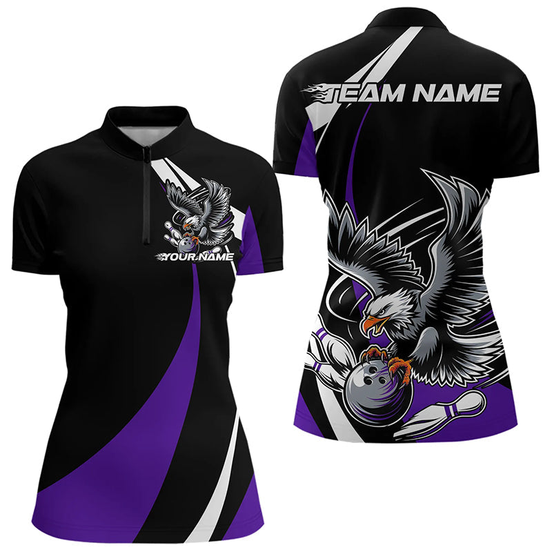 Custom Black And Purple Eagle Bowling Women Quarter-Zip Shirts, Eagle Bowling Team Jerseys IPHW8734