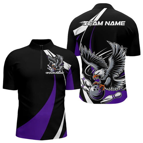 Custom Black And Purple Eagle Bowling Men Quarter-Zip Shirts, Eagle Bowling Team Jerseys IPHW8734
