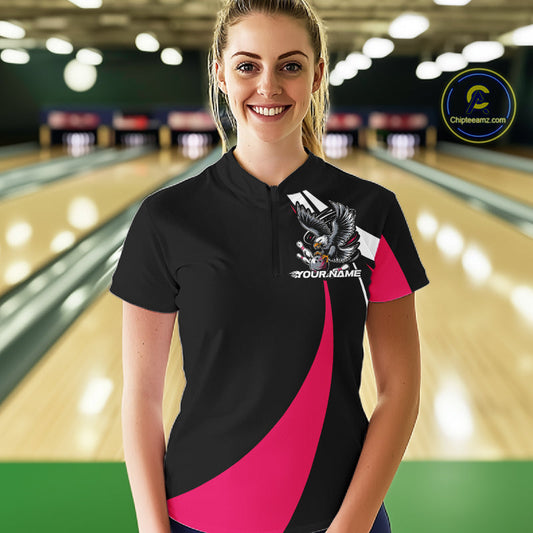 Custom Black And Pink Eagle Bowling Jerseys, Eagle Bowling League Shirt Team Uniform IPHW10812