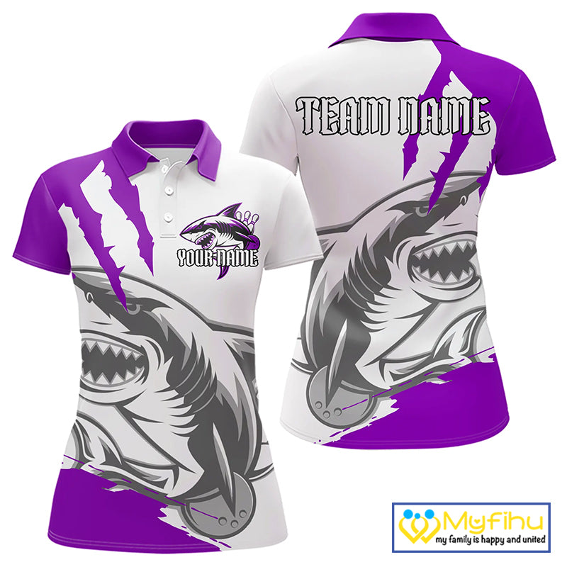 Custom White And Purple Shark Jerseys, Shark Bowling Team Women Polo Shirts Bowler Outfit IPHW8988