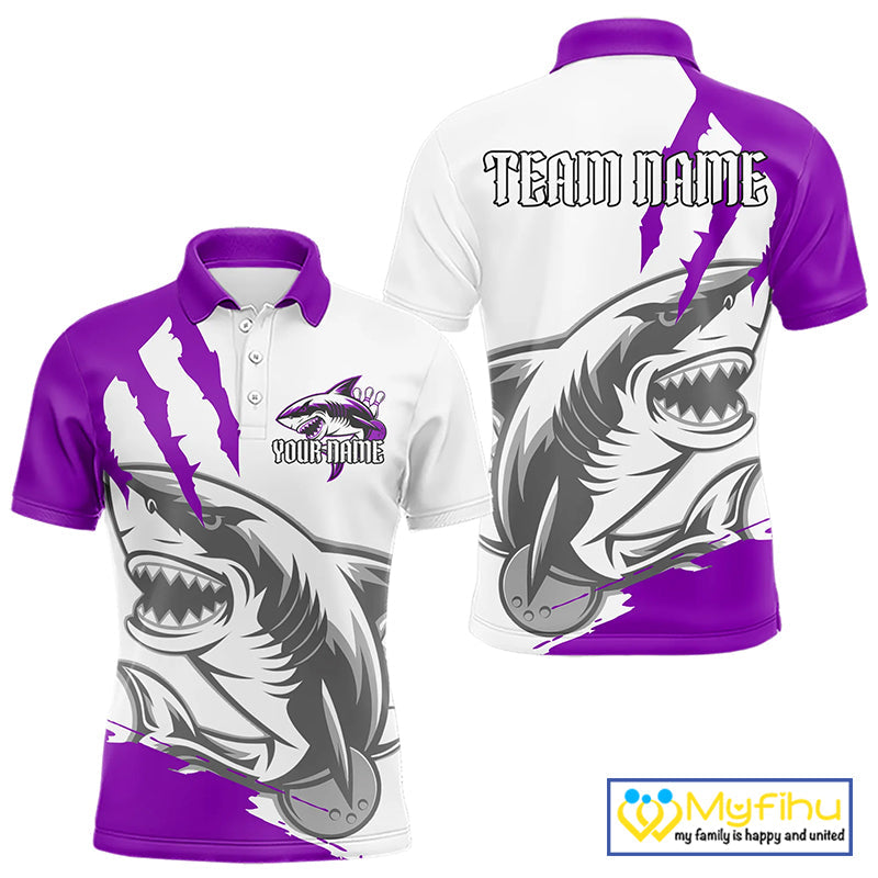 Custom White And Purple Shark Jerseys, Shark Bowling Team Men Polo Shirts Bowlers Outfit IPHW8988