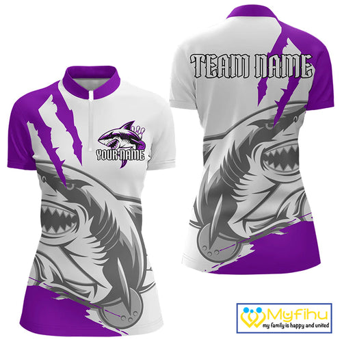 Custom White And Purple Shark Jerseys, Bowling Team Women Quarter-Zip Shirt Bowler Outfit IPHW8988