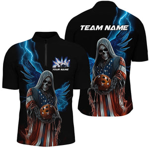 Blue Thunder Lightning American Flag Grim Reaper Custom Us Patriotic Bowling Team Shirts For Men IPHW7608