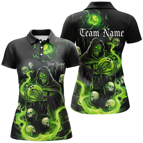 Black And Green Flame Grim Reaper Custom Halloween Ladies Bowling Shirts, Bowlers Outfits IPHW7611