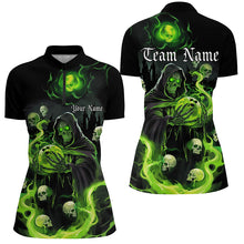 Load image into Gallery viewer, Black And Green Flame Grim Reaper Custom Halloween Ladies Bowling Shirts, Bowlers Outfits IPHW7611