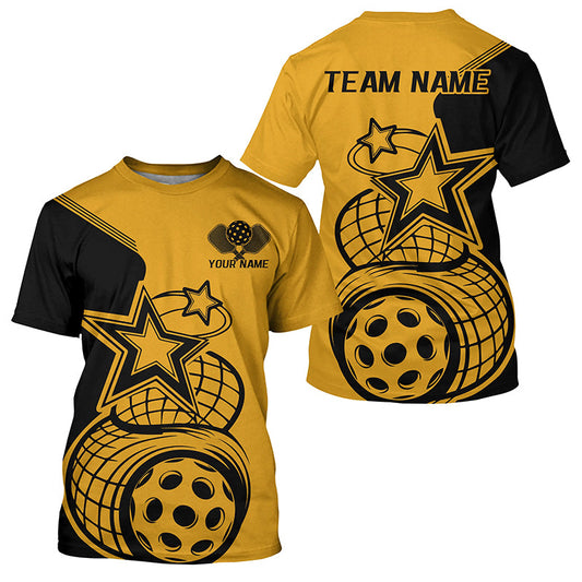 Black And Yellow Custom Pickleball Star Pickleball T-Shirts For Men, Pickleball Apparel Team Outfits IPHW7831