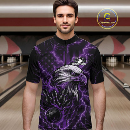 Custom Purple Lightning Flame Eagle Men Bowling Shirt, Patriotic US Team Shirt IPHW10175