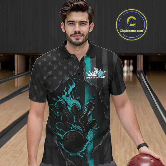 Custom Turquoise Blue Thin Line American Flag Patriotic Flame Bowling Team Men Polo Shirts IPHW10181