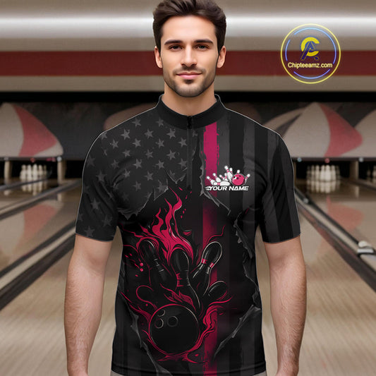 Custom Pink Thin Line American Flag Patriotic Flame Bowling Team Men Quarter-Zip Shirts IPHW10182