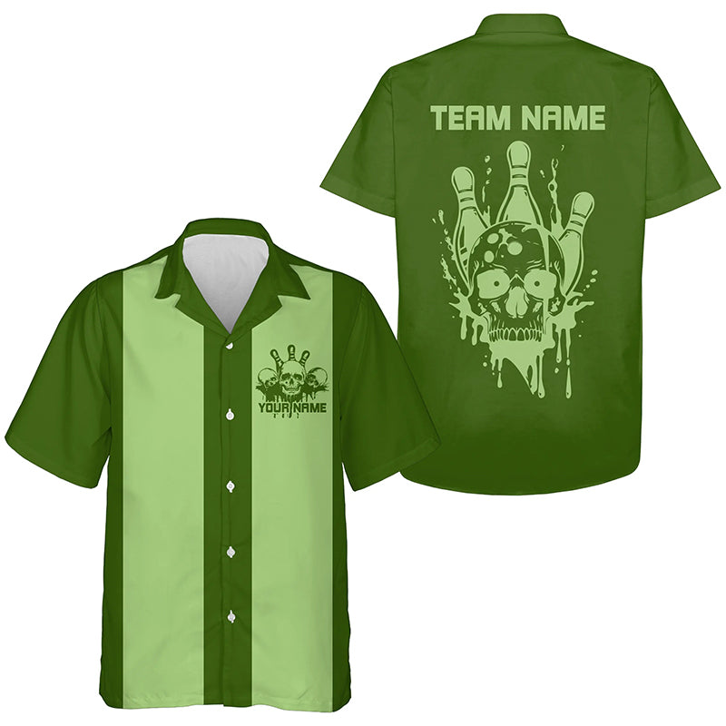 Custom Classic Green Skull Bowling Hawaiian Shirts For Men And Women, Retro Bowling Team Shirt IPHW8291