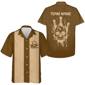 Custom Classic Brown Skull Bowling Hawaiian Shirts For Men And Women, Retro Bowling Team Shirt IPHW8292