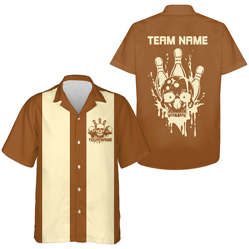 Custom Classic Brown Skull Bowling Hawaiian Shirts For Men And Women, Retro Bowling Team Shirt IPHW8293