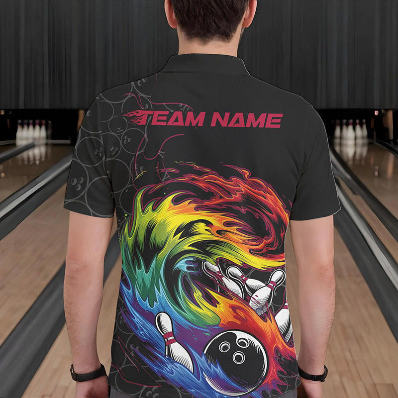 Custom Rainbow Flame Bowling Team Polo Shirts For Men, Colorful Bowling League Shirt IPHW8740