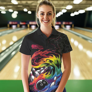 Custom Rainbow Flame Bowling Team Polo Shirts For Women, Colorful Bowling League Shirt IPHW8740
