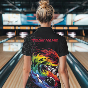 Custom Rainbow Flame Bowling Team Polo Shirts For Women, Colorful Bowling League Shirt IPHW8740