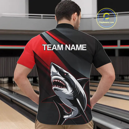 Custom Black And Red Shark Bowling Jerseys, Bowling Team Uniform Shark Men Quarter-Zip Shirts IPHW8999