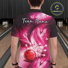 Load image into Gallery viewer, Back view of a pink bowling polo displaying a bowling ball, pins, and butterfly-inspired design.