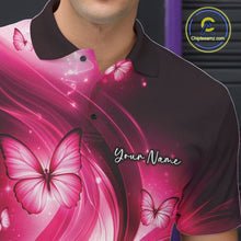 Load image into Gallery viewer, Close-up left chest graphic on a pink bowling polo featuring bowling pins, a bowling ball, and butterflies.