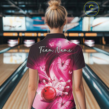Load image into Gallery viewer, Back view of a pink womens bowling polo showcasing a bowling strike scene with butterfly accents.