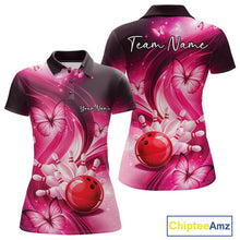 Load image into Gallery viewer, Front and back womens pink bowling polo mockup featuring a bowling ball striking pins with butterfly details.