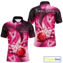 Load image into Gallery viewer, Front and back mens pink bowling polo featuring a bowling ball striking pins with decorative butterflies.