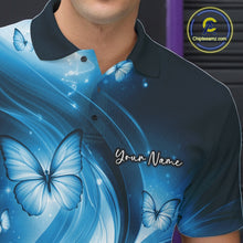 Load image into Gallery viewer, Left chest detail of a blue bowling polo featuring a bowling ball and butterfly-themed illustration.