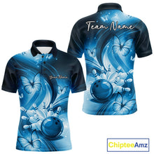 Load image into Gallery viewer, Front and back views of a mens blue bowling polo featuring a bowling ball hitting pins with butterfly graphics.