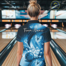 Load image into Gallery viewer, Back view of a blue quarter-zip bowling shirt with bowling ball, pin, and butterfly graphics.
