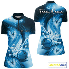 Load image into Gallery viewer, Front and back womens blue bowling quarter-zip with bowling ball striking pins and decorative butterflies.