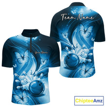 Load image into Gallery viewer, Front and back views of a mens blue bowling quarter-zip featuring a bowling strike scene with butterfly details.