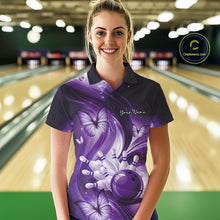 Load image into Gallery viewer, Female model wearing a purple bowling polo in a bowling alley with bowling action artwork and butterfly accents.
