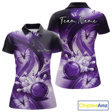 Load image into Gallery viewer, Front and back views of a purple womens bowling polo featuring a bowling ball hitting pins with decorative butterflies.
