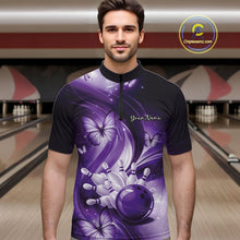 Load image into Gallery viewer, Male model wearing a purple bowling quarter-zip in a bowling center with bowling action graphics and butterflies.