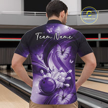 Load image into Gallery viewer, Front view of a purple bowling quarter-zip shirt displaying bowling pins, a bowling ball, and butterfly accents.