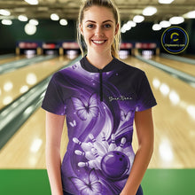 Load image into Gallery viewer, Female model in a bowling center wearing a purple quarter-zip with bowling strike and butterfly illustrations.