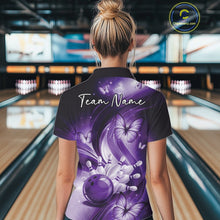 Load image into Gallery viewer, Back view of a purple bowling quarter-zip displaying bowling-themed graphics and butterfly details.