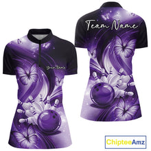 Load image into Gallery viewer, Front and back views of a purple bowling quarter-zip featuring a bowling ball hitting pins with butterfly accents.