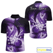 Load image into Gallery viewer, Front and back mens purple bowling quarter-zip featuring a bowling ball striking pins with decorative butterfly artwork.
