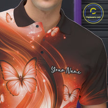 Load image into Gallery viewer, Left chest close-up of an orange bowling polo featuring a bowling strike illustration with butterflies.