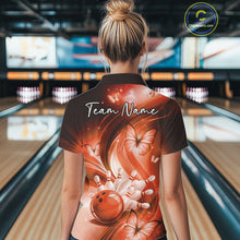 Load image into Gallery viewer, Back view of an orange womens bowling polo displaying a bowling ball, pins, and butterfly motif.
