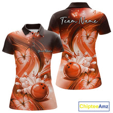 Load image into Gallery viewer, Front and back womens orange bowling polo mockup featuring a bowling ball striking pins surrounded by butterfly graphics.