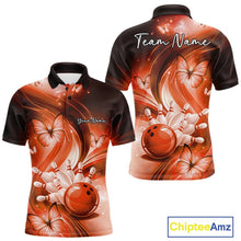 Load image into Gallery viewer, Front and back mens orange bowling polo featuring a bowling ball striking pins surrounded by butterfly artwork.