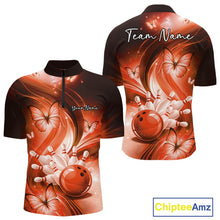 Load image into Gallery viewer, Front and back views of a mens orange bowling quarter-zip mockup featuring a bowling ball striking pins with butterfly accents.
