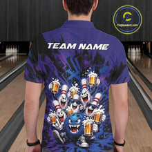 Load image into Gallery viewer, Back view of a male model in a bowling lane wearing a blue and purple bowling polo shirt featuring funny bowling pins and a bowling ball holding frothy beer mugs.