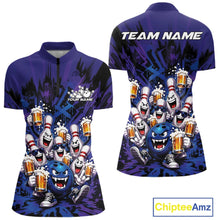 Load image into Gallery viewer, Front and back view of a blue and purple women's bowling quarter-zip shirt showcasing funny bowling pins and a bowling ball holding frothy beer mugs in a fun cartoon-style bowling design.