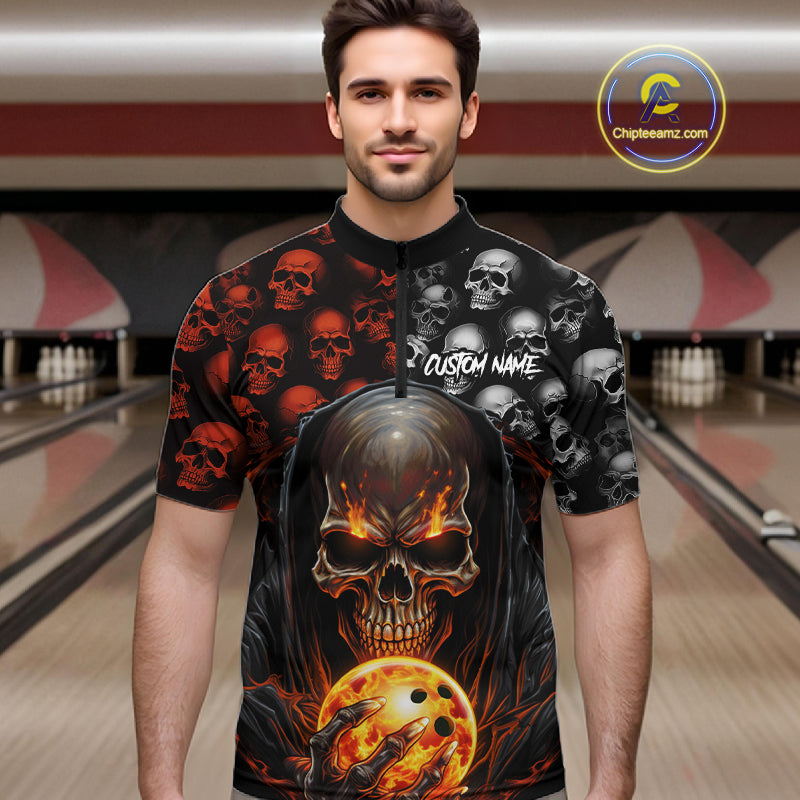 Custom Skull Bowling Men Quarter Zip Shirts Bowling League Team Jerseys Bowling Halloween Outfits IPHW5346