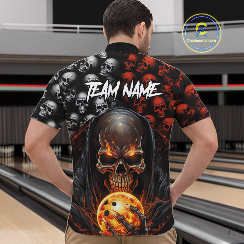 Custom Skull Bowling Men Quarter Zip Shirts Bowling League Team Jerseys Bowling Halloween Outfits IPHW5346