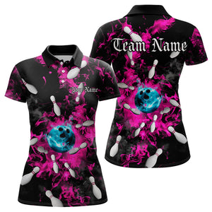 Custom Pink And Black Bowling Polo Shirts For Women, Blue Ball Bowling Team Shirts IPHW8022