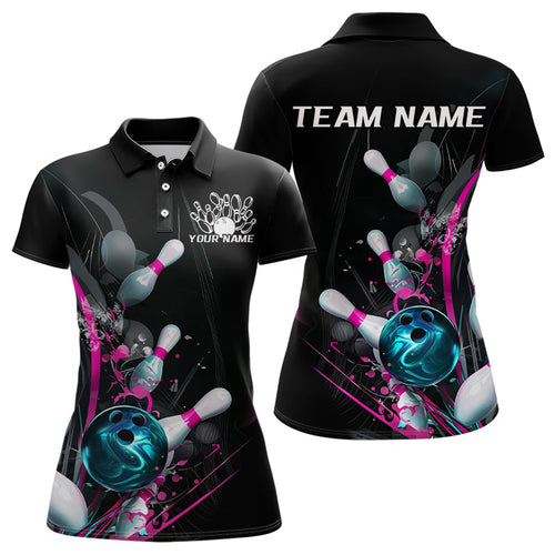 Custom Pink And Black Bowling Polo Shirts For Women, Bowling Tournament Team Shirts IPHW8023